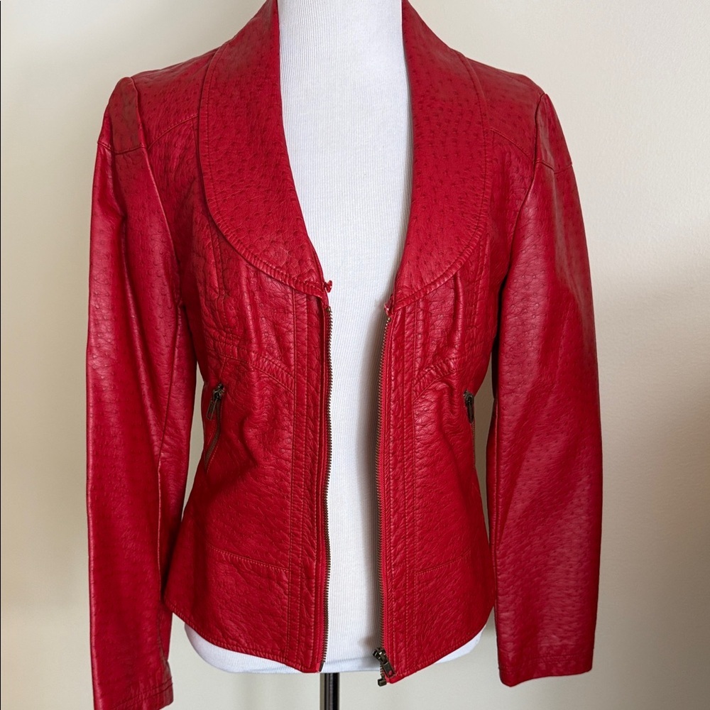 V Cristina Croc Embossed Vegan Leather Moto Jacket Red Small